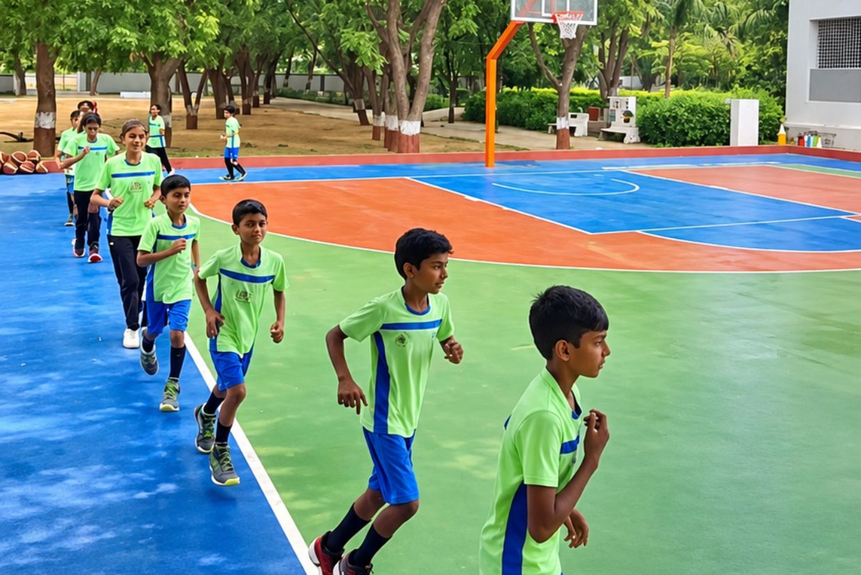 Children running on a new court as the academic year begins at Hi 5