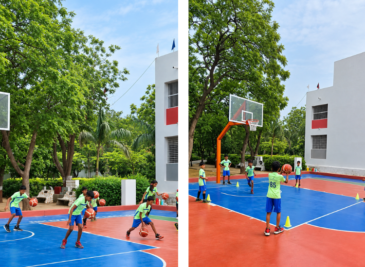 Children training on the new blue and orange courts as the academic year begins