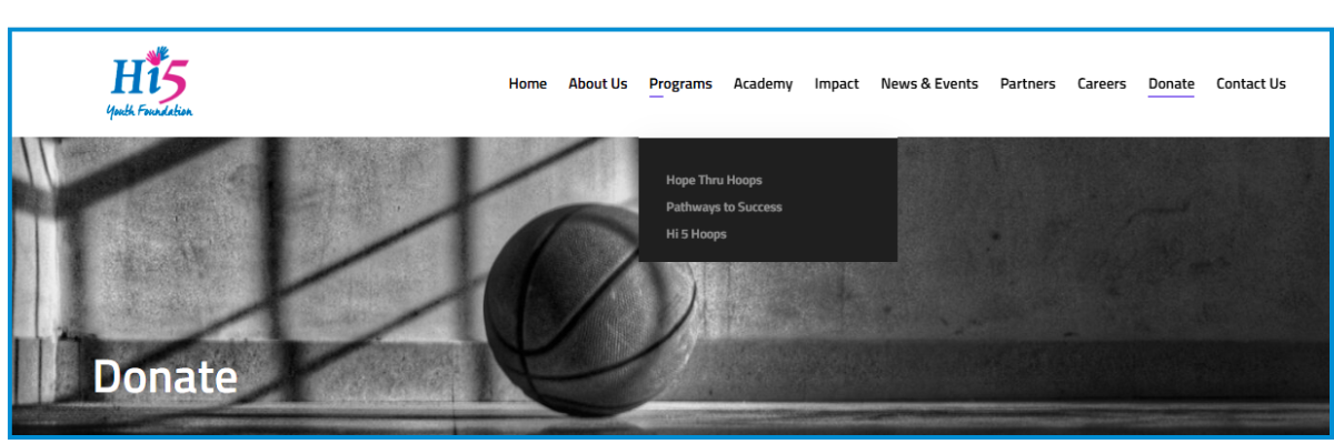 New Hi 5 website menu with programmes and donate links